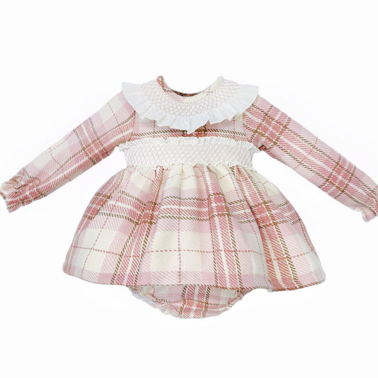Pink Tartan Smocked Collar Dress and Pants Set