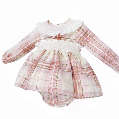Pink Tartan Smocked Collar Dress and Pants Set