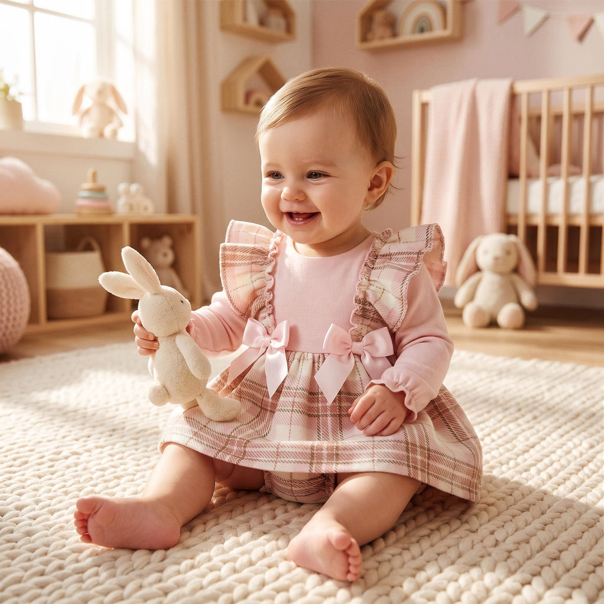 Baby Girls Pink Tartan Frilly Dress & Knicker Set