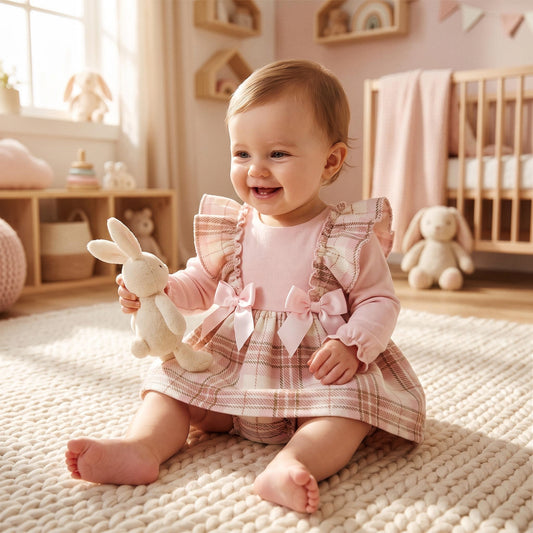 Baby Girls Pink Tartan Frilly Dress & Knicker Set