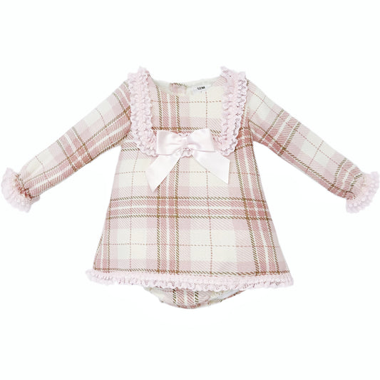 Pink Tartan Lace-Trim Dress and Pants Set