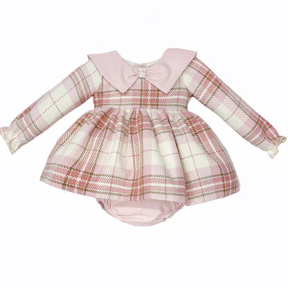 Pink Tartan Bow-Collar Dress and Pants Set