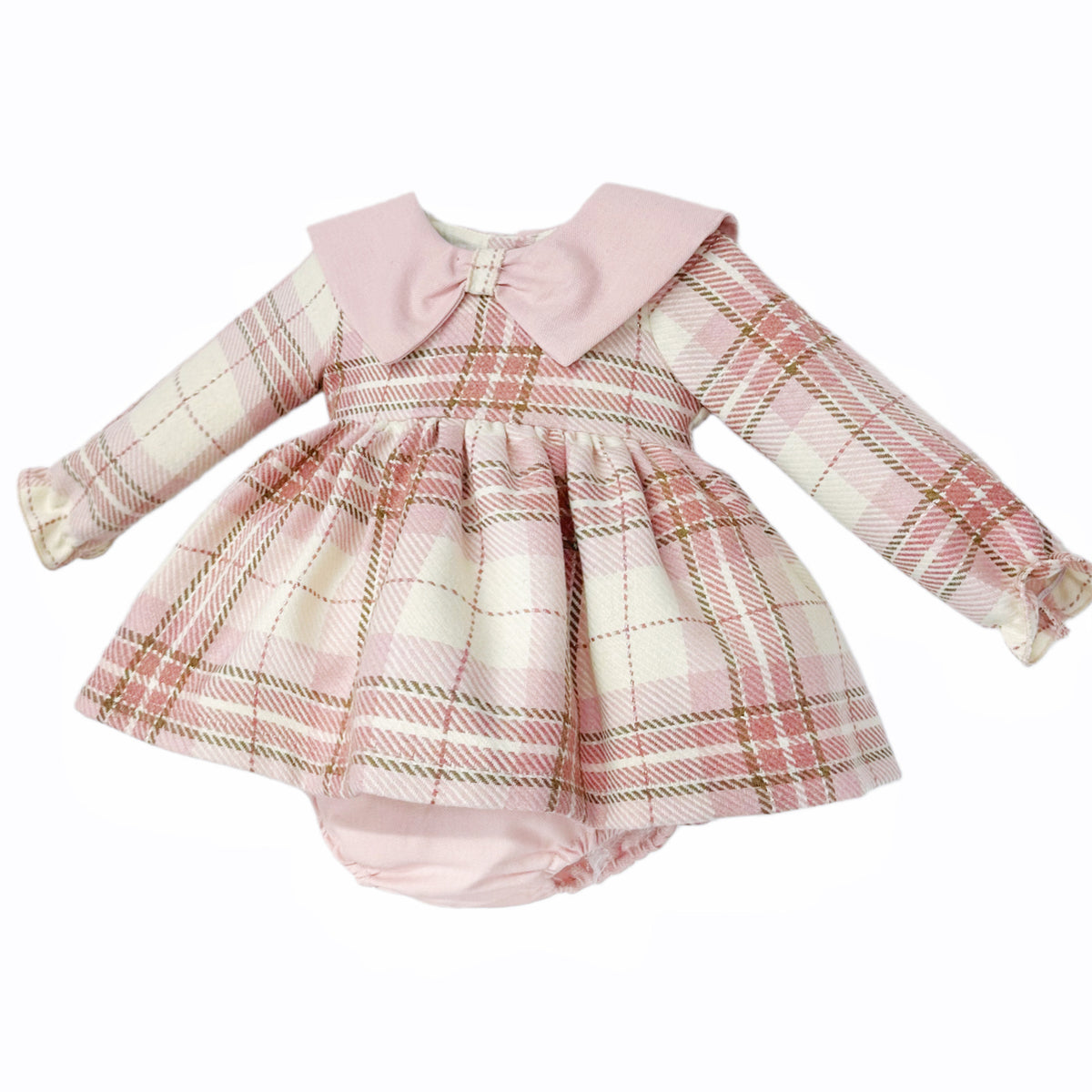 Pink Tartan Bow-Collar Dress and Pants Set