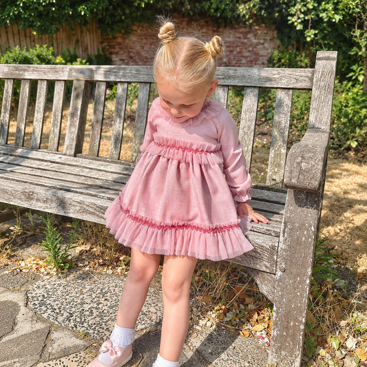 Baby Girls Pink Sheer Frill Dress and Pants Set