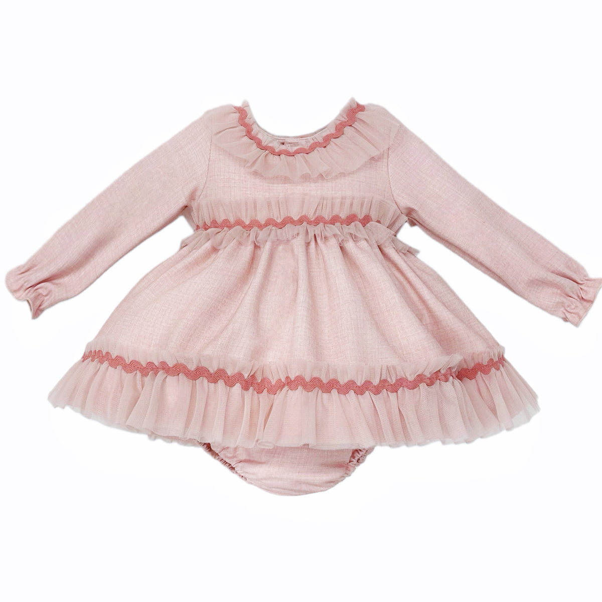 Pink long-sleeved dress and matching pants with sheer frills and darker pink ricrac trim, front view