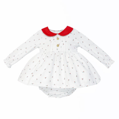 Baby Girls White Sprig-Print Red-Collar Dress and Pants