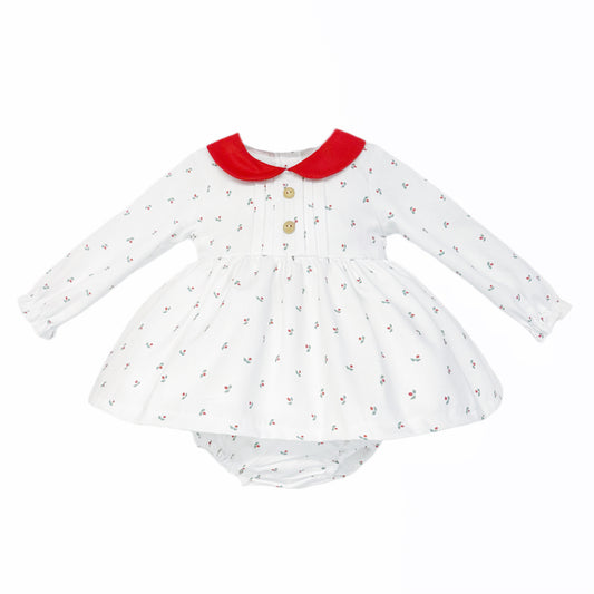 Baby Girls White Sprig-Print Red-Collar Dress and Pants