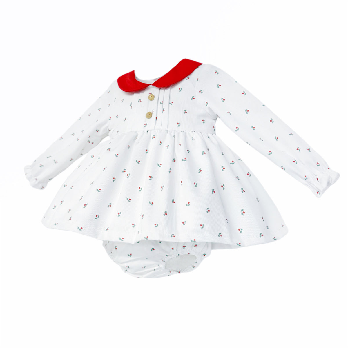 Baby Girls White Sprig-Print Red-Collar Dress and Pants