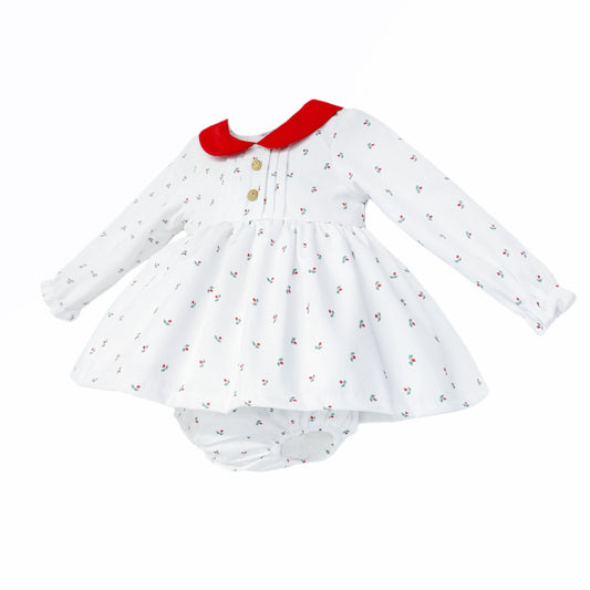 Baby Girls White Sprig-Print Red-Collar Dress and Pants