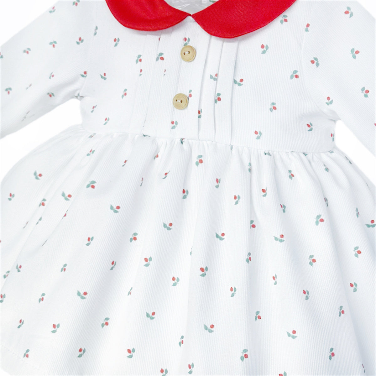 Baby Girls White Sprig-Print Red-Collar Dress and Pants