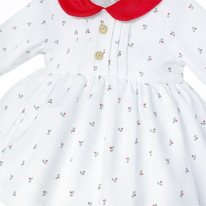 Baby Girls White Sprig-Print Red-Collar Dress and Pants