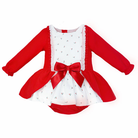 Baby Girls Red Sprig-Panel Bow Dress and Pants