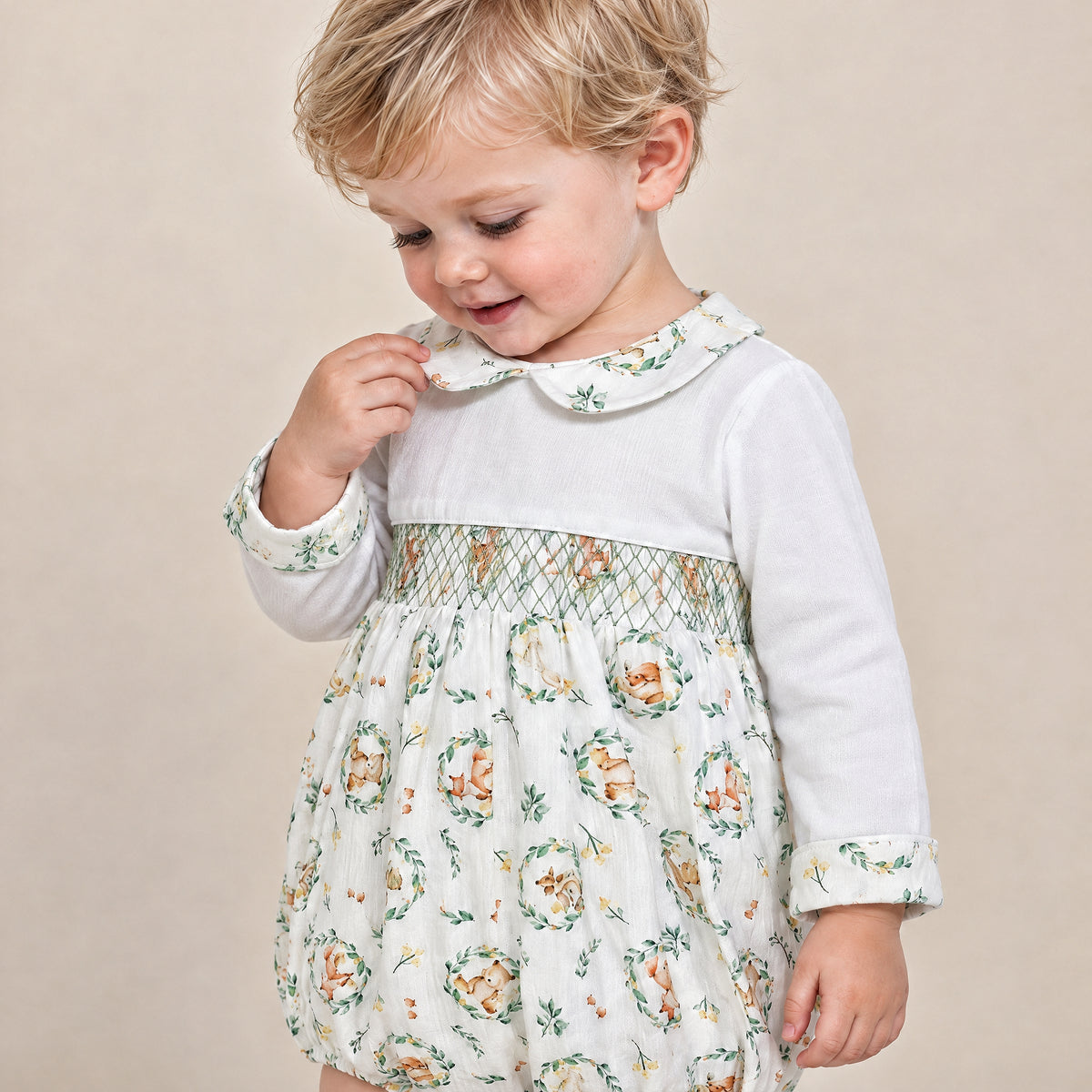 Baby Boys Beige Animal Print Smocked Romper