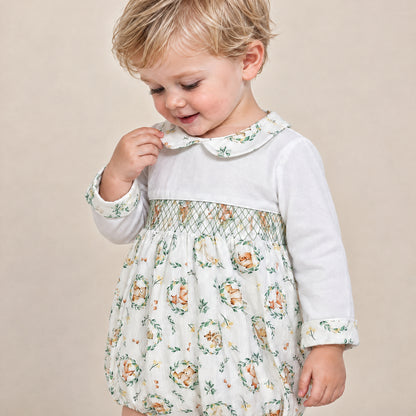 Baby Boys Beige Animal Print Smocked Romper