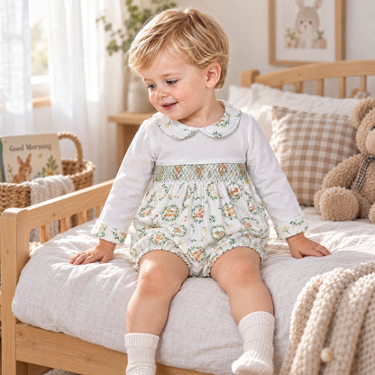Baby Boys Beige Animal Print Smocked Romper