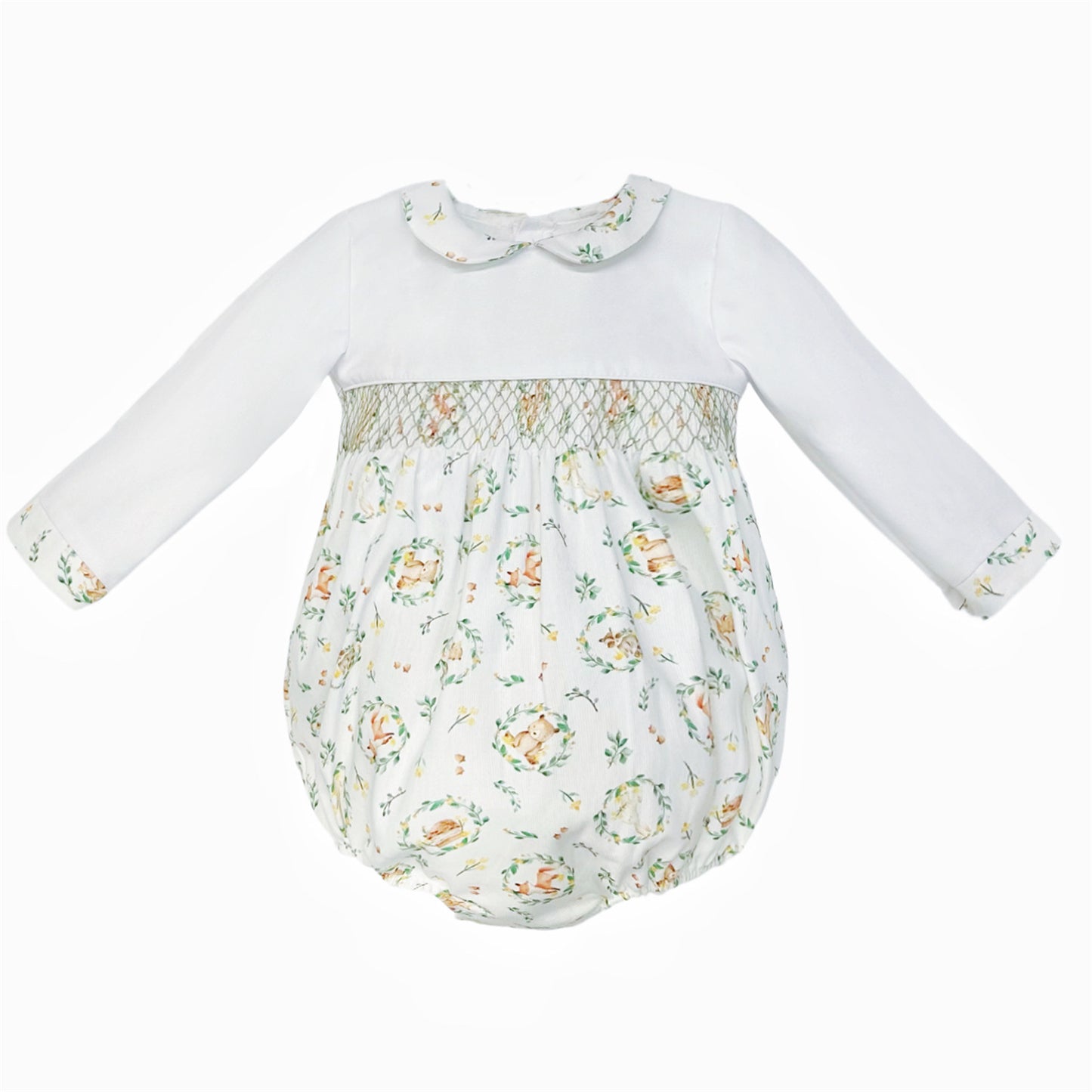 Baby Boys Beige Animal Print Smocked Romper