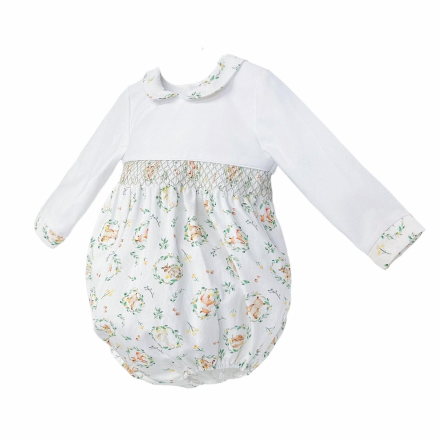Baby Boys Beige Animal Print Smocked Romper