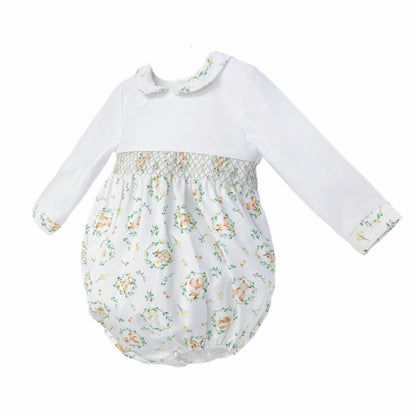 Baby Boys Beige Animal Print Smocked Romper