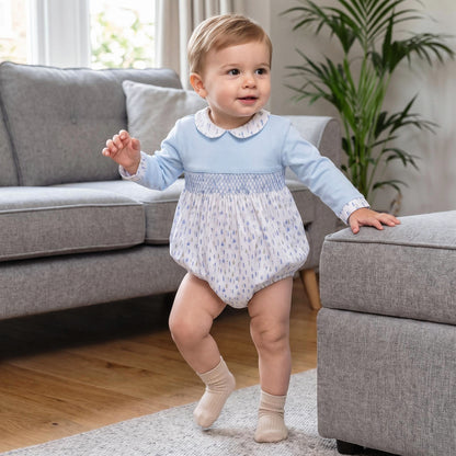 Baby Boy Blue Little Trees Smocked Romper