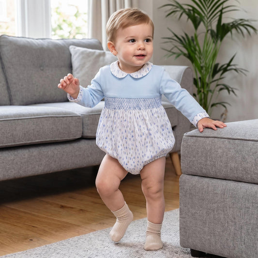 Baby Boy Blue Little Trees Smocked Romper