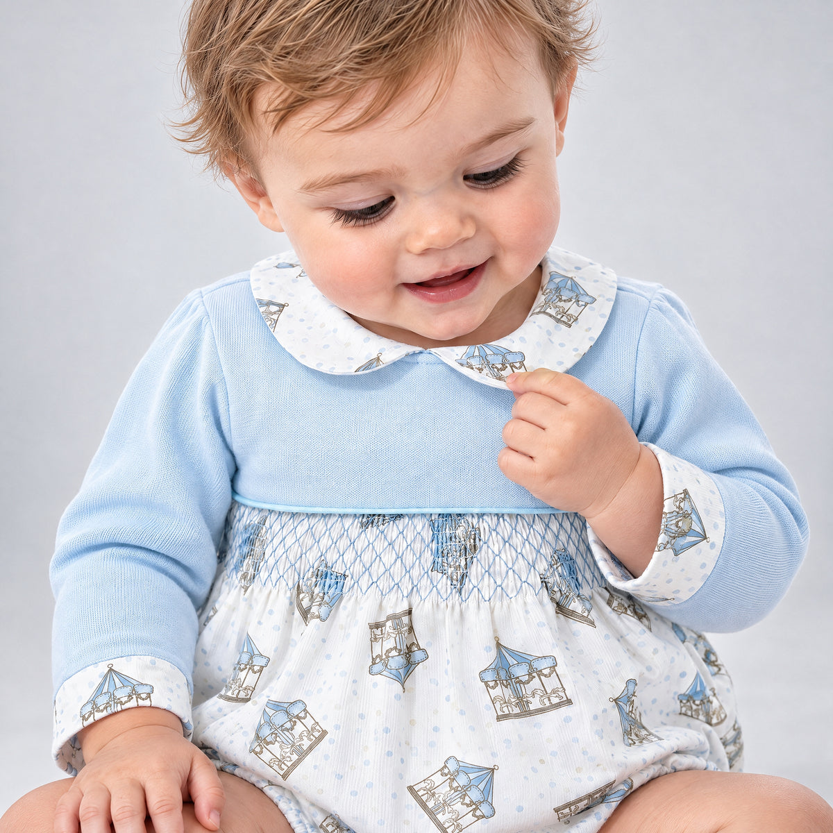 Baby Boy Blue Rocking Horse Print Romper
