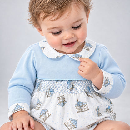 Baby Boy Blue Rocking Horse Print Romper