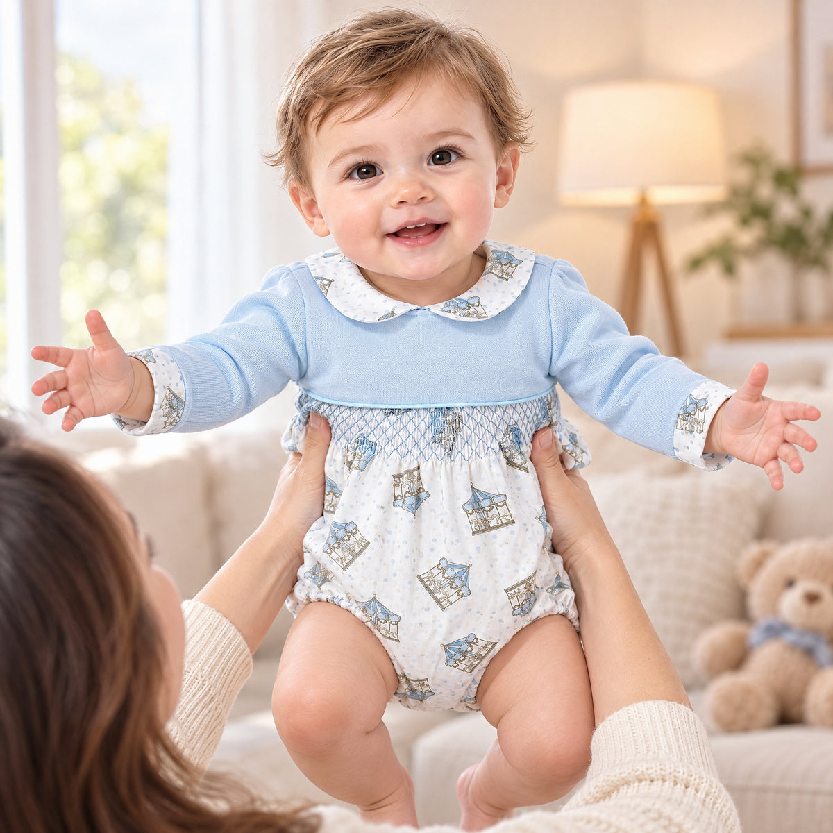 Baby Boy Blue Rocking Horse Print Romper