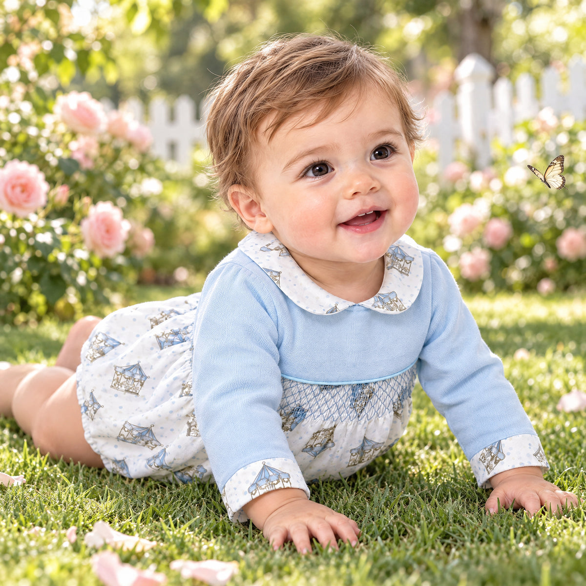 Baby Boy Blue Rocking Horse Print Romper