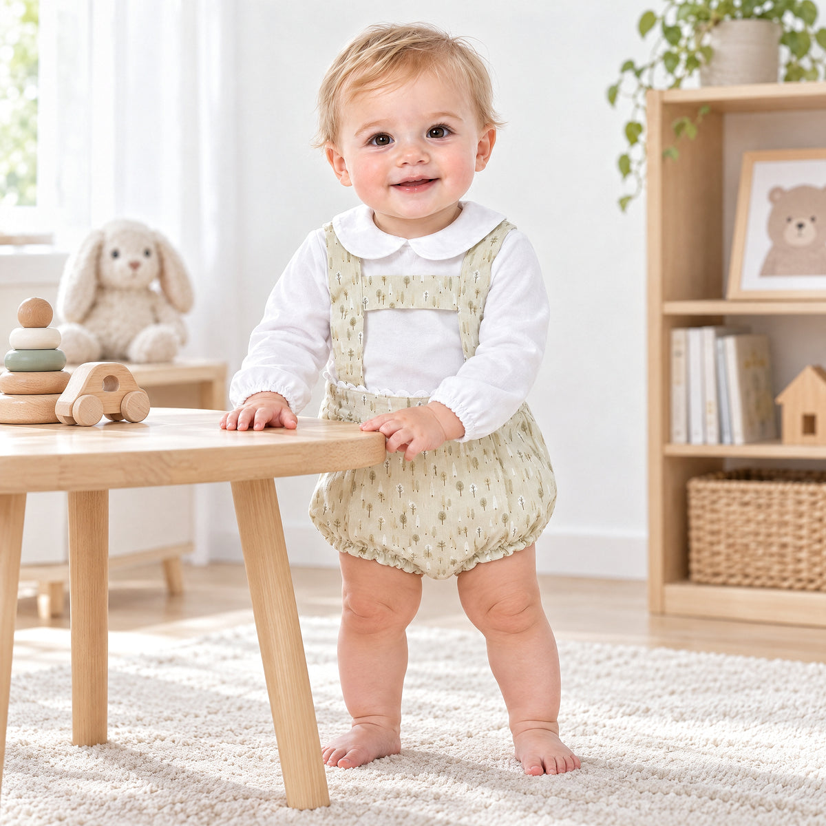 Baby Boy Beige Little Trees Print Romper with Shirt