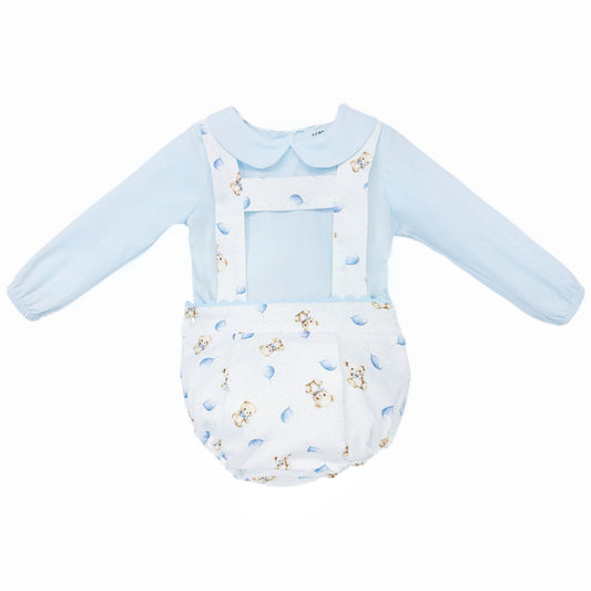 Baby Blue Teddy Print Shirt and Brace Shorts Set