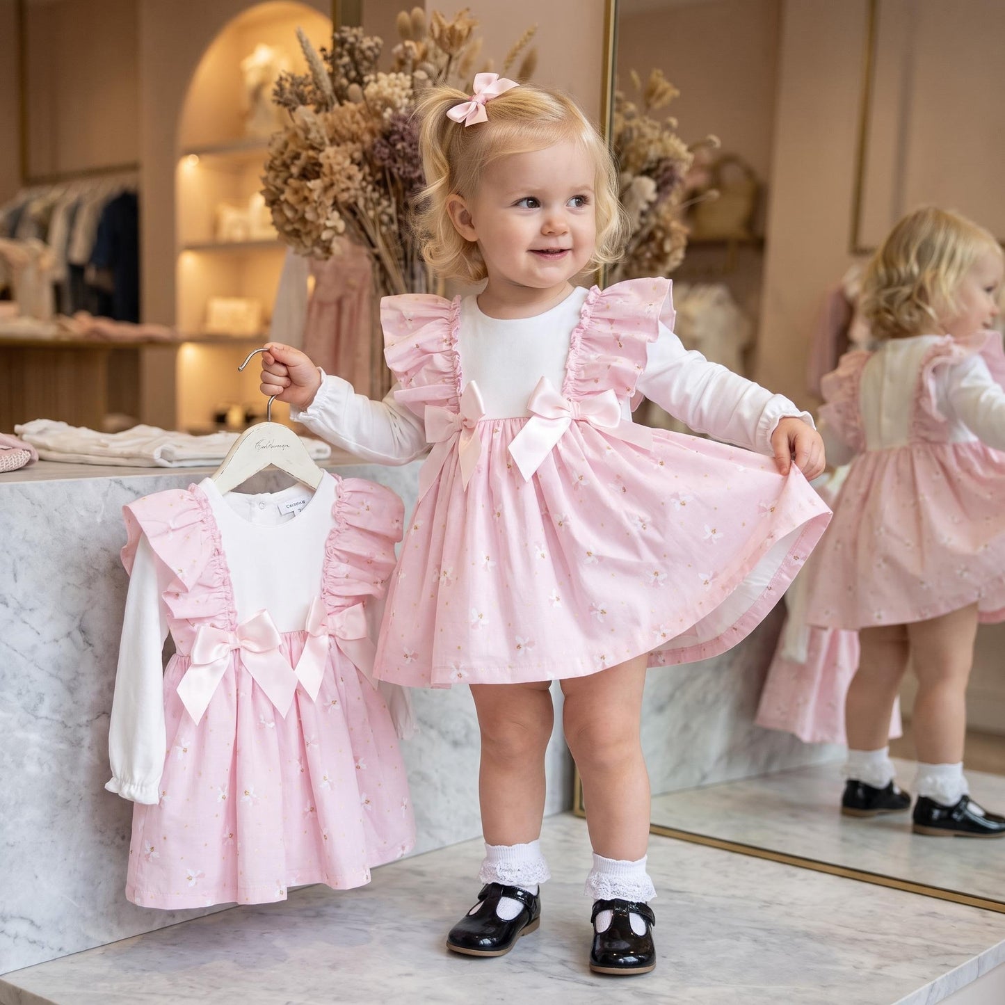 Baby Girls Pink Frilly Puff Sleeve Dress & Bloomers