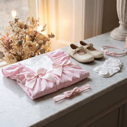 Baby Girls Pink Frilly Puff Sleeve Dress & Bloomers