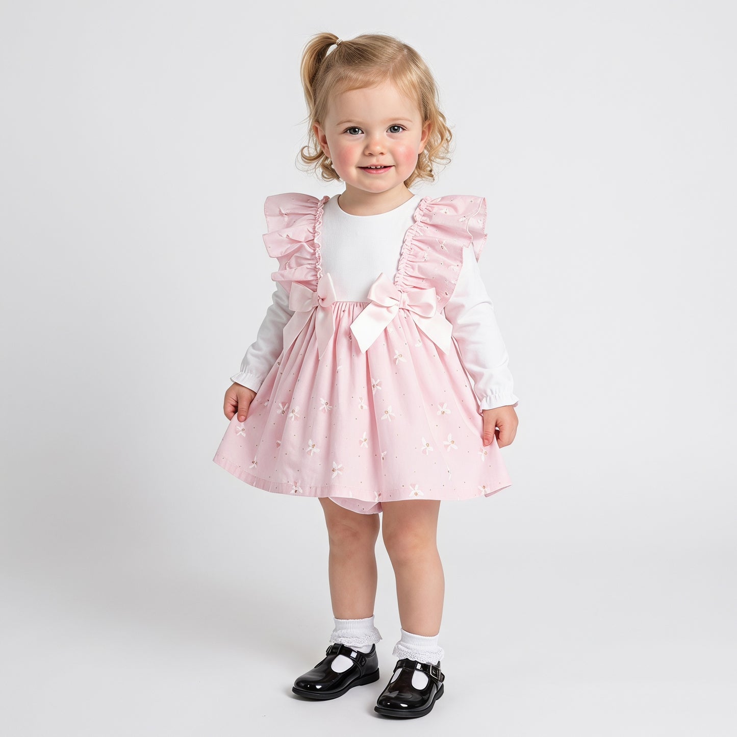 Baby Girls Pink Frilly Puff Sleeve Dress & Bloomers