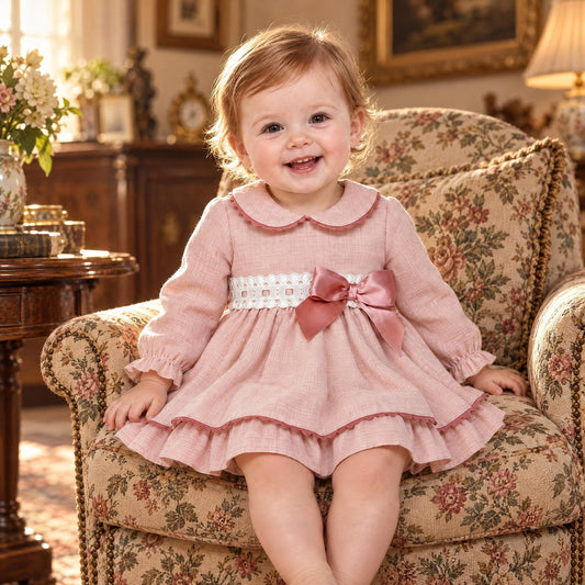 Baby Girls Pink Broderie Bow Dress and Pants Set