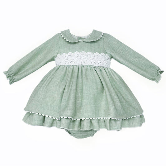 Baby Girls Green Embroidered-Trim Dress with Pants