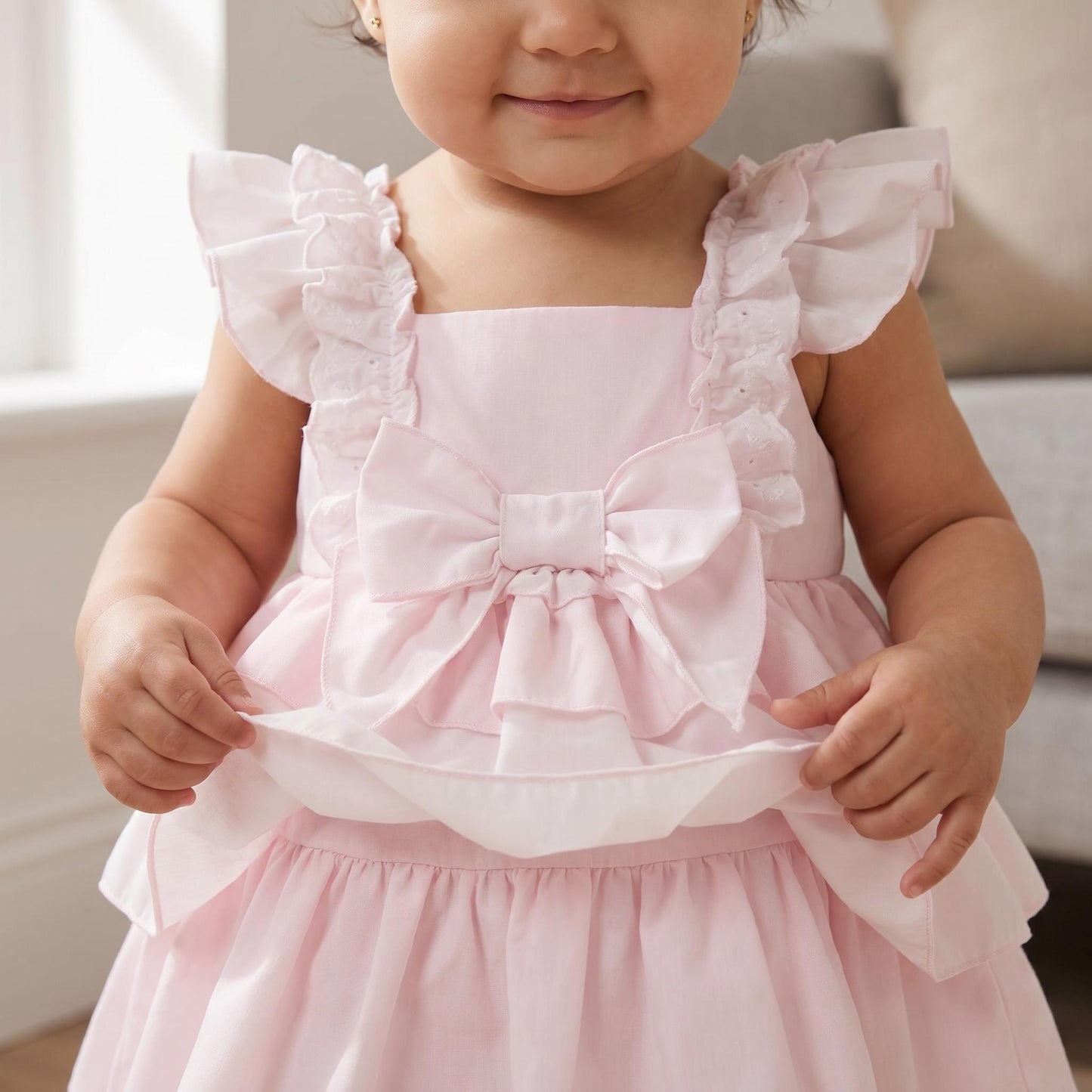 Baby Girls Pink Cotton Puff Dress & Bloomers