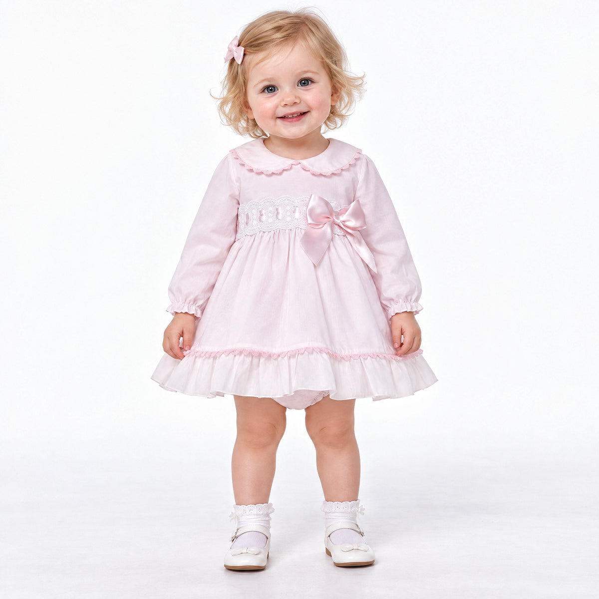 Baby Girls Pale Pink Lace Waist Dress and Pants Set