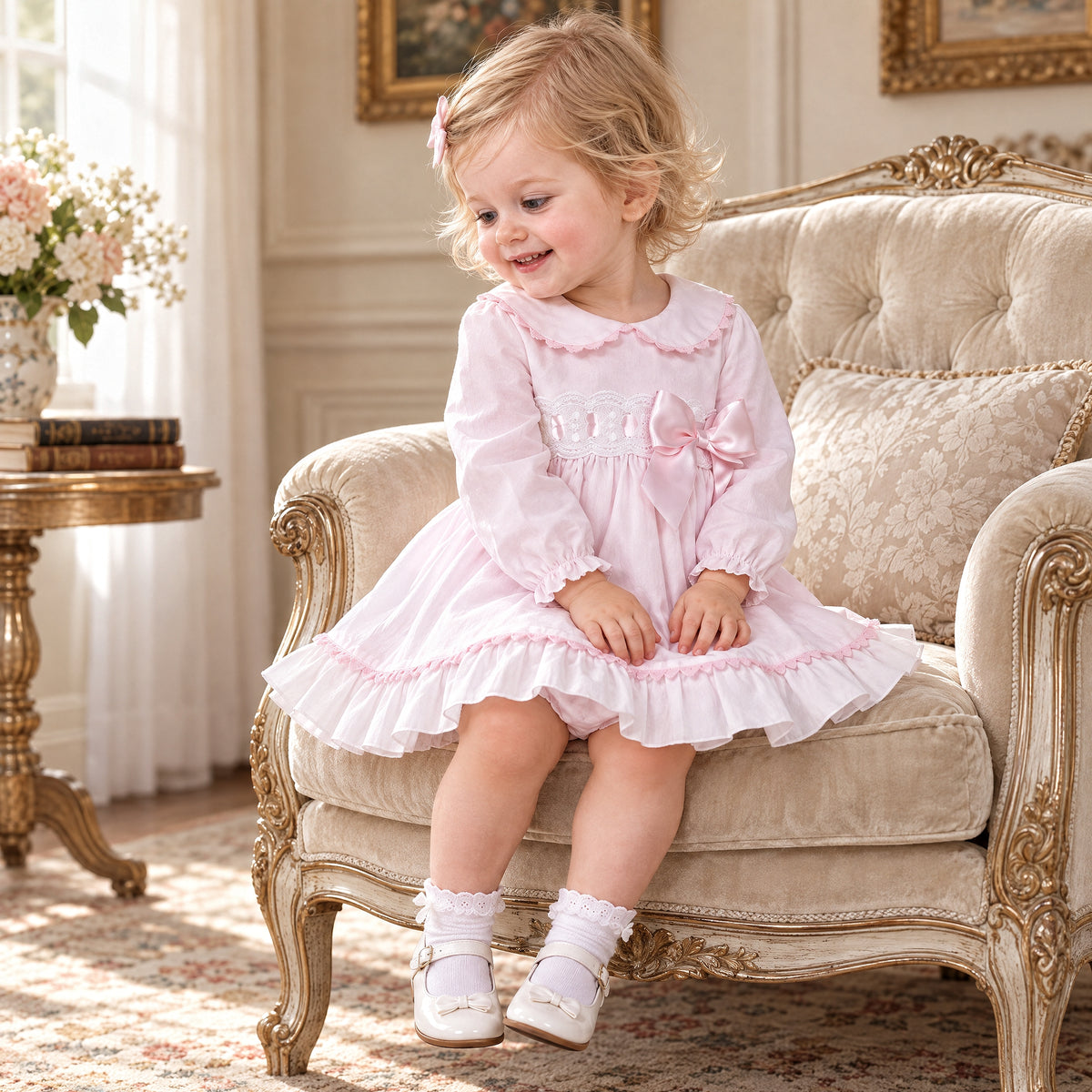Baby Girls Pale Pink Lace Waist Dress and Pants Set