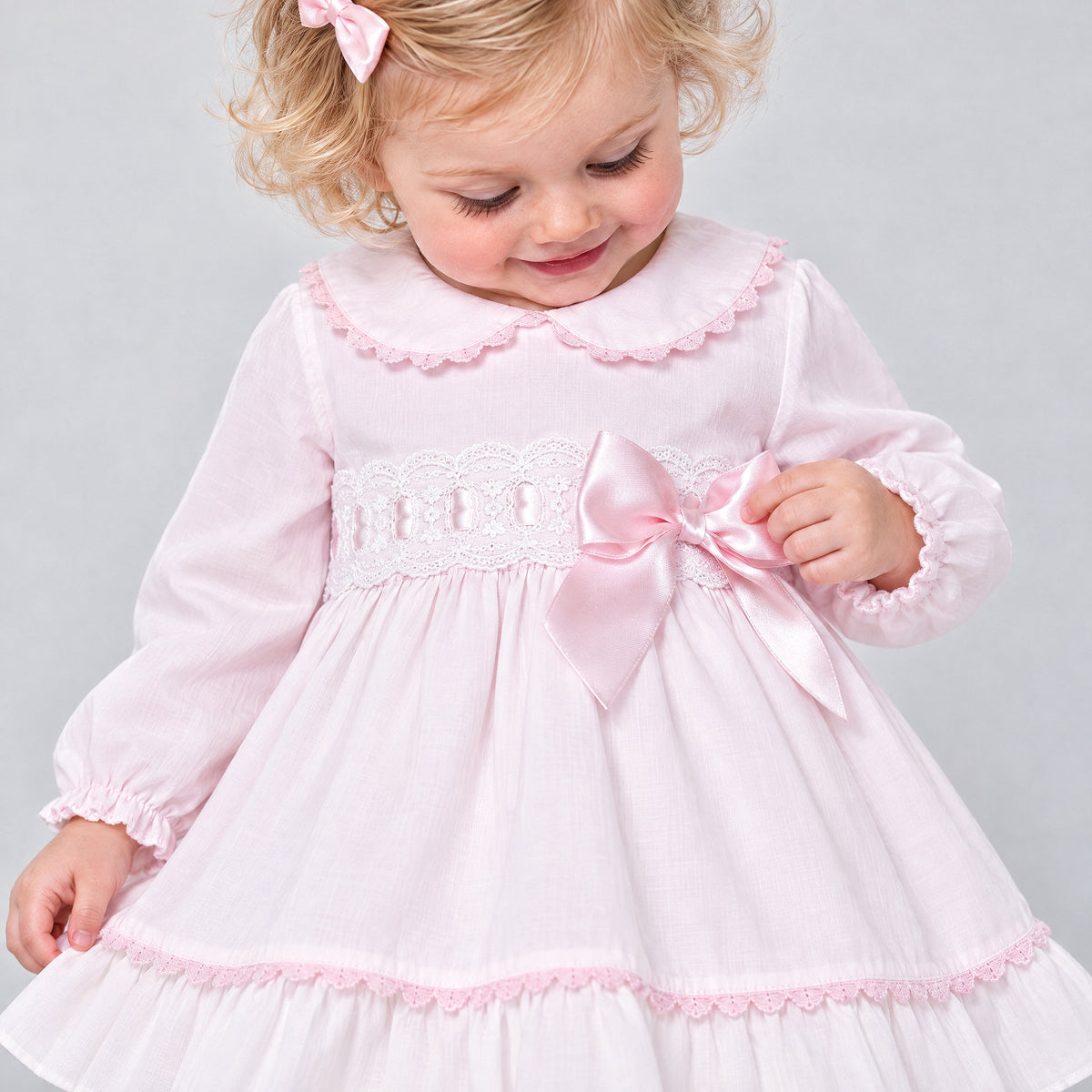 Baby Girls Pale Pink Lace Waist Dress and Pants Set