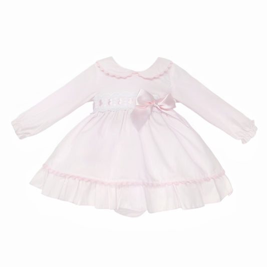 Baby Girls Pale Pink Lace Waist Dress and Pants Set, product photo front view