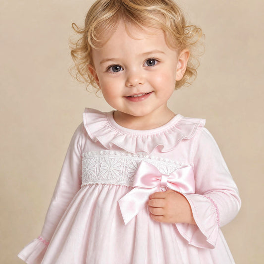 Baby Girls Pale Pink Broderie Waist Dress and Pants Set