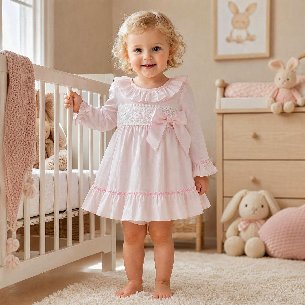 Baby Girls Pale Pink Broderie Waist Dress and Pants Set