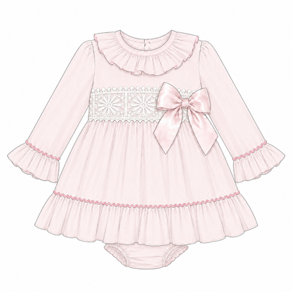 Baby Girls Pale Pink Broderie Waist Dress and Pants Set