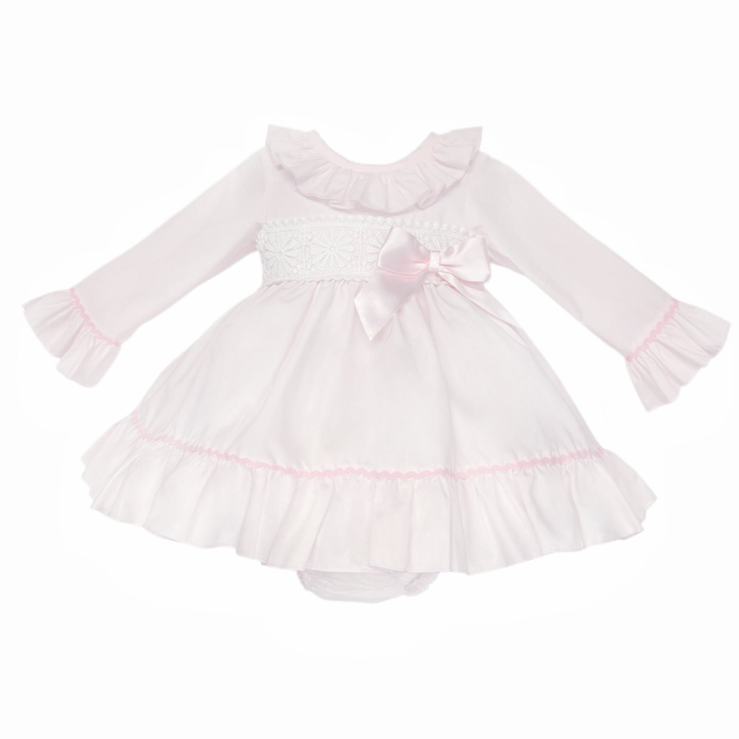 Baby Girls Pale Pink Broderie Waist Dress and Pants Set, product photo front view