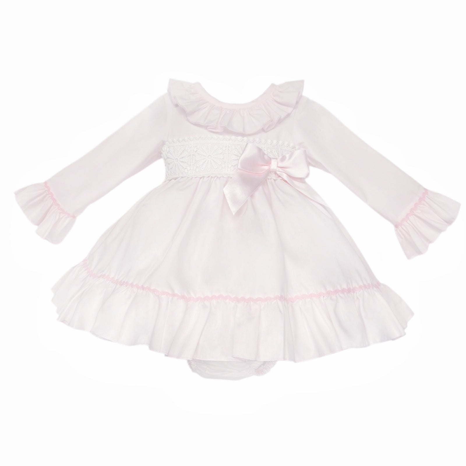 Baby Girls Pale Pink Broderie Waist Dress and Pants Set, product photo front view