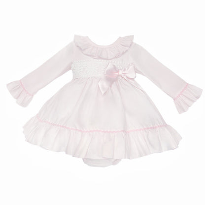 Baby Girls Pale Pink Broderie Waist Dress and Pants Set, product photo front view