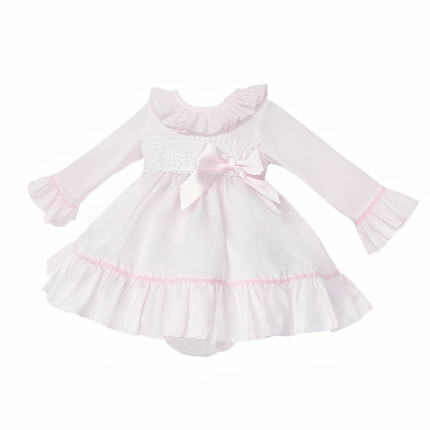 Baby Girls Pale Pink Broderie Waist Dress and Pants Set, product photo alternate view