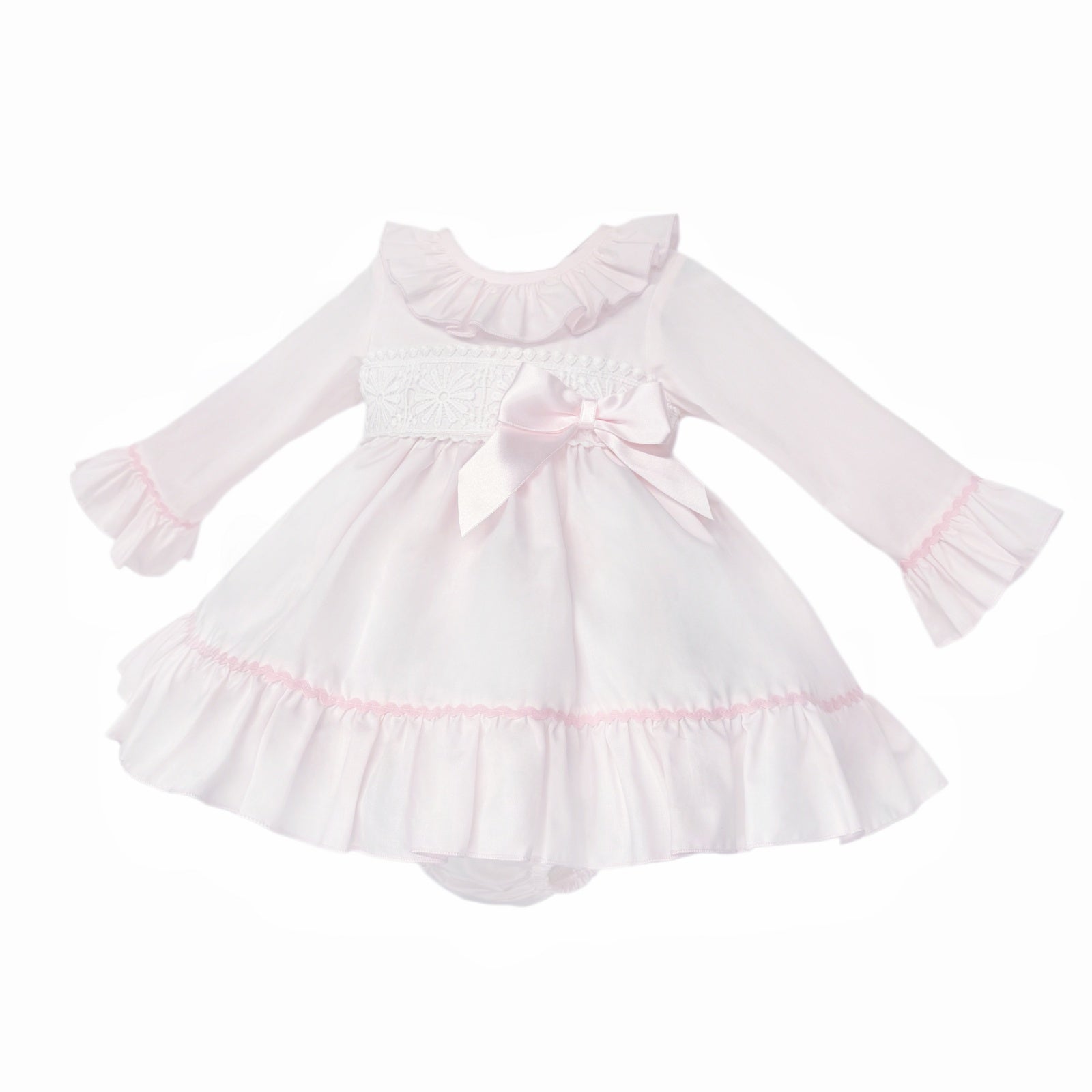 Baby Girls Pale Pink Broderie Waist Dress and Pants Set, product photo alternate view