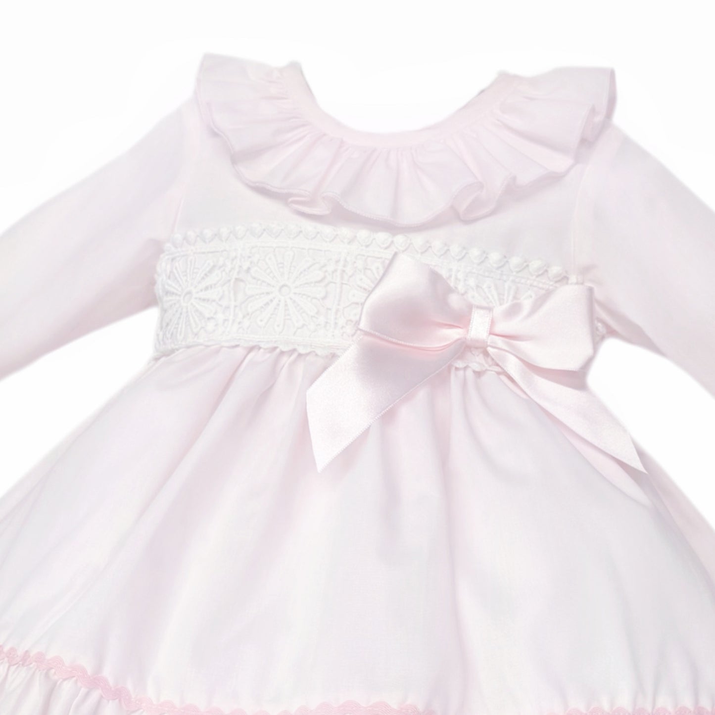 Baby Girls Pale Pink Broderie Waist Dress and Pants Set, product detail view