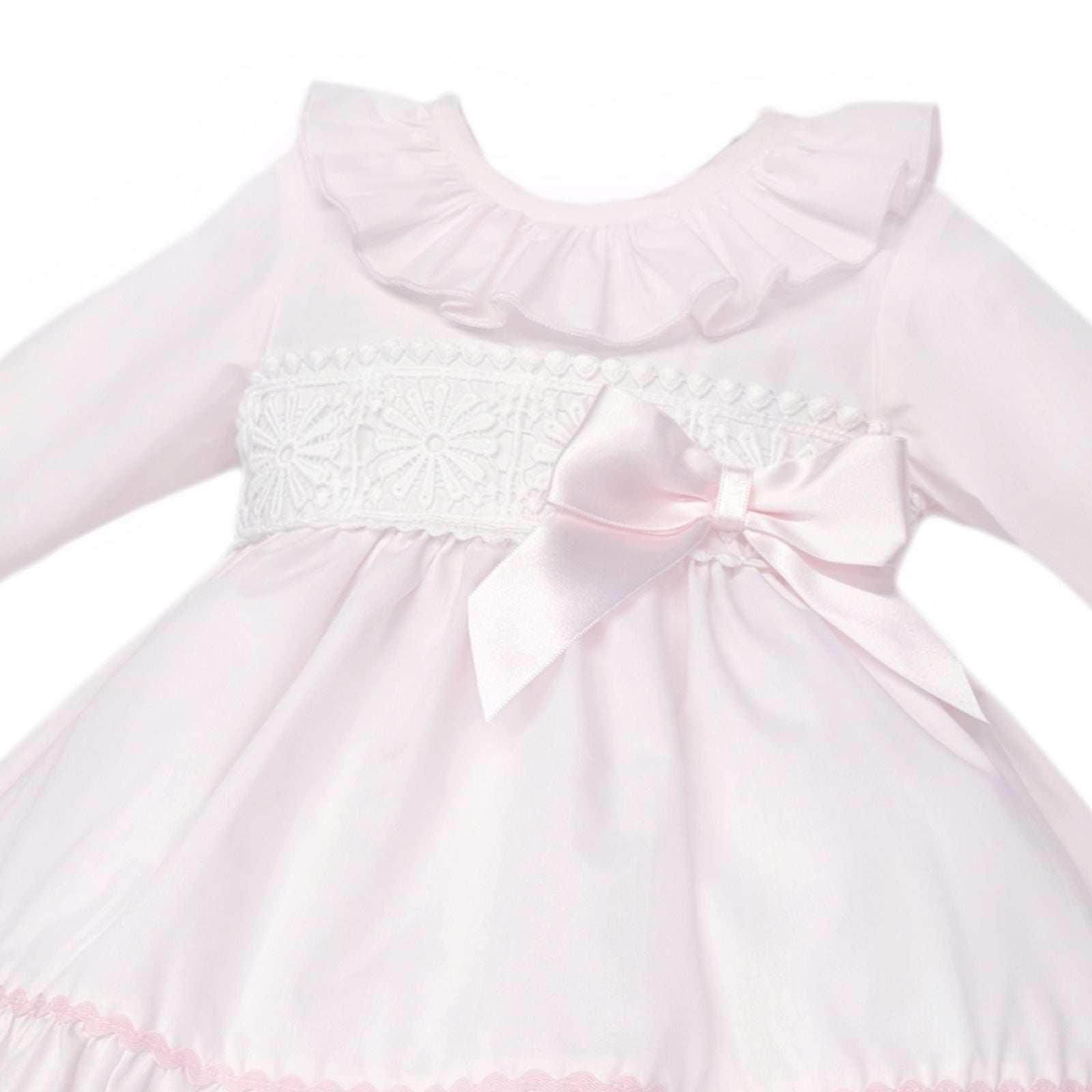 Baby Girls Pale Pink Broderie Waist Dress and Pants Set, product detail view